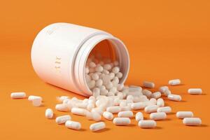 AI generated Large white pills spill out of a white jar on an orange background photo