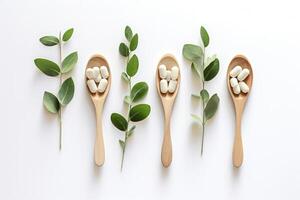 AI generated Wooden spoons with vegan vitamin capsules for immunity support and healthy lifestyle. photo