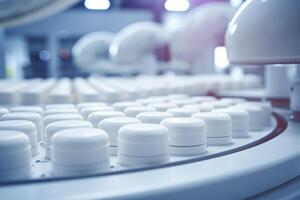 AI generated Macro shot of pill production in modern pharmaceutical factory. photo