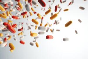 AI generated Many pills falling on white background. Four capsules in air photo