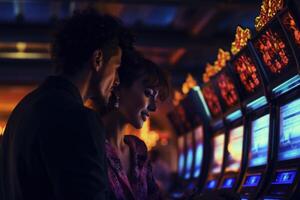 ai generado mujer disfrutando espacio máquina a casino. foto