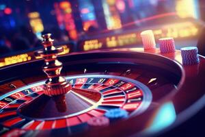 AI generated Happy gamblers at a casino playing roulette and poker. photo