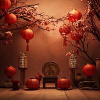 AI generated AI Generated Chinese lunar new year background design concept with lantern and festive decoration. photo