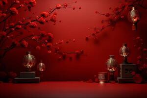 AI generated AI Generated Chinese lunar new year background design concept with lantern and festive decoration. photo