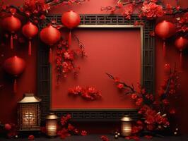 AI generated AI Generated Chinese lunar new year background design concept with lantern and festive decoration. photo