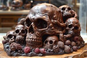 AI generated There is a large handmade designer chocolate cake with a skull on the table photo