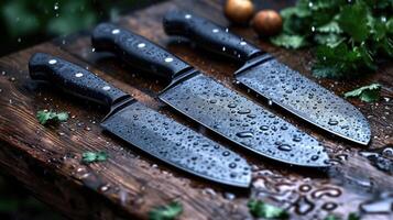 ai generado negro Damasco acero cuchillos en un de madera tablero en el lluvia foto