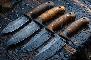 AI generated Black Damascus steel Knives on a wooden board in the rain photo