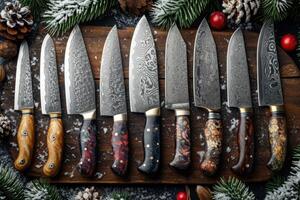 AI generated Top view of Damascus steel kitchen Knives on a wooden board photo