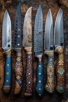 ai generado parte superior ver de Damasco acero cocina cuchillos en un de madera tablero foto