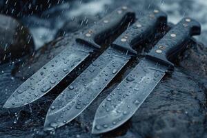 AI generated Black Damascus steel Knives on a wooden board in the rain photo
