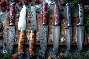 AI generated Top view of Damascus steel kitchen Knives on a wooden board photo