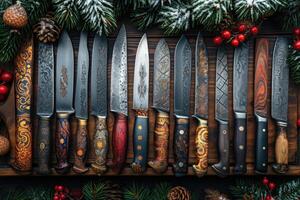 AI generated Top view of Damascus steel kitchen Knives on a wooden board photo