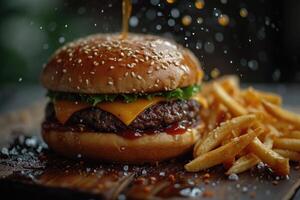 AI generated Burger with bacon, meat, cheese, tomatoes and herbs and fried potatoes on the table. Close-up photo