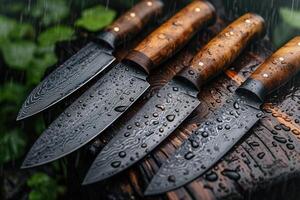 AI generated Black Damascus steel Knives on a wooden board in the rain photo