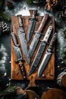 AI generated Top view of Damascus steel kitchen Knives on a wooden board photo