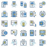 ai teléfono inteligente de colores íconos colocar. inteligente teléfono con artificial inteligencia concepto señales vector