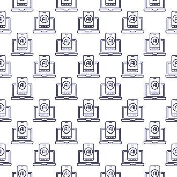 Laptop with Artificial Intelligence Smartphone with vector AI Seamless Pattern in outline style