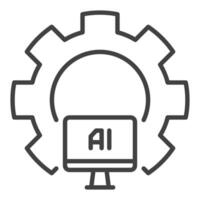 Artificial Intelligence Computer inside Cog Wheel vector AI icon or sign in thin line style