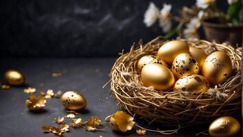 AI generated Beautiful golden Easter eggs on an old dark background photo