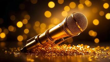 AI generated Beautiful golden microphone on a dark background photo