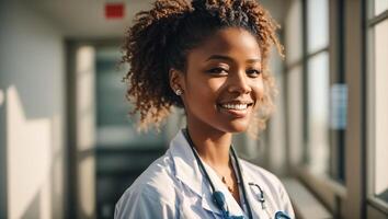 AI generated Portrait of a happy African American female doctor in a girl clinic photo