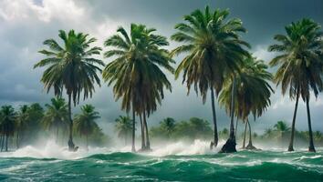 AI generated Strong wind tropical storm palm trees, ocean shore photo
