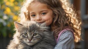 ai generado pequeño niña con linda gato al aire libre retrato foto