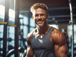 AI generated Handsome brutal man in the gym photo