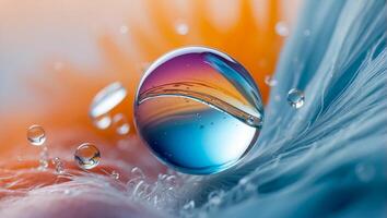 Beautiful feather, drop of water, color background photo