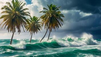 ai generado fuerte viento tropical tormenta palma árboles, Oceano apuntalar foto