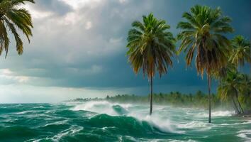 ai generado fuerte viento tropical tormenta palma árboles, Oceano apuntalar foto