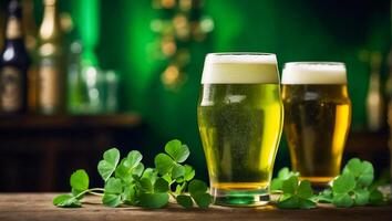 AI generated Glasses with green beer, clover leaves background photo