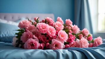 ai generado hermosa ramo de flores de flores en el cama foto