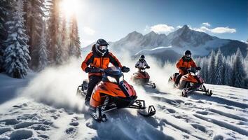 AI generated Racers ride a snowmobile in a winter suit in a beautiful magnificent snowy forest, mountains photo