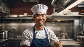 ai generado contento asiático masculino cocinar en restaurante cocina foto