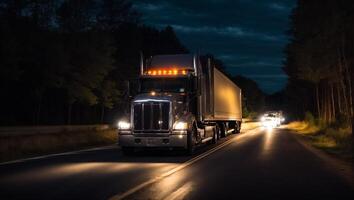 ai generado moderno camión conducción en el la carretera a noche en verano foto
