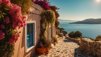 ai generado hermosa calle Grecia verano día, mar foto