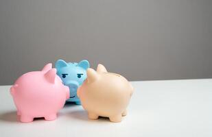 Piggy bank pigs make a plan. Gossip and rumors. How to save more money. News and events in the economy. Cashbacks and earnings. Deposits and good savings conditions. photo