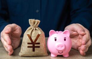 Savings are protected. Protect piggy bank and chinese yuan or japanese yen money bag. Safety of investments. Retirement money funds. Secured loans and mortgages. Defense budget. Social support. photo