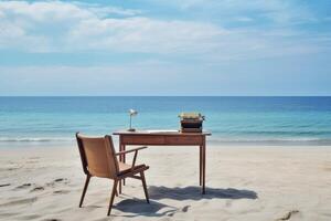AI generated Flexibility and mobility. Remote working. Taking work with you on holiday. Office desk and chair on a deserted beach. Time to relax and not work. photo
