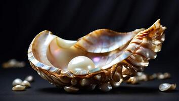 AI generated Beautiful shell with pearls on a dark background photo