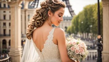 AI generated Beautiful bride in a white dress against the backdrop of the Eiffel Tower photo