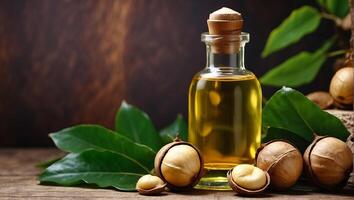 AI generated Cosmetic oil in a glass bottle, macadamia nut photo