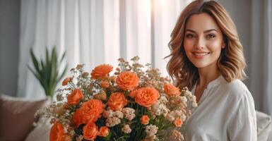 AI generated Portrait of a beautiful woman with a bouquet of flowers in the living room photo