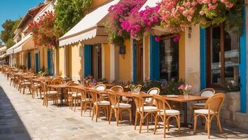 AI generated Summer cafe on the street in Greece photo