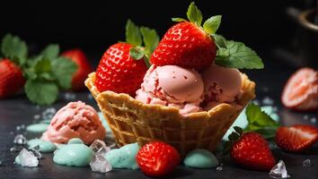 AI generated Ice cream with strawberries photo