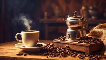 AI generated Cup of coffee, grains vintage background photo