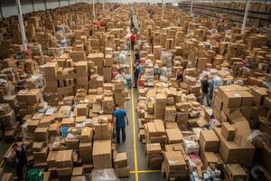 AI generated A huge number of boxes at the sorting center storehouse. Creating an organized chaos of packages waiting to be dispatched. Systematic arrangement of parcels. Timely and accurate delivery. photo