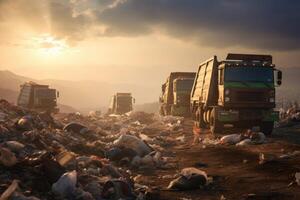 AI generated A line of garbage trucks full of garbage at a landfill. Challenge of waste management and environmental responsibility. Disposal. Environmental pollution. Recycling required photo